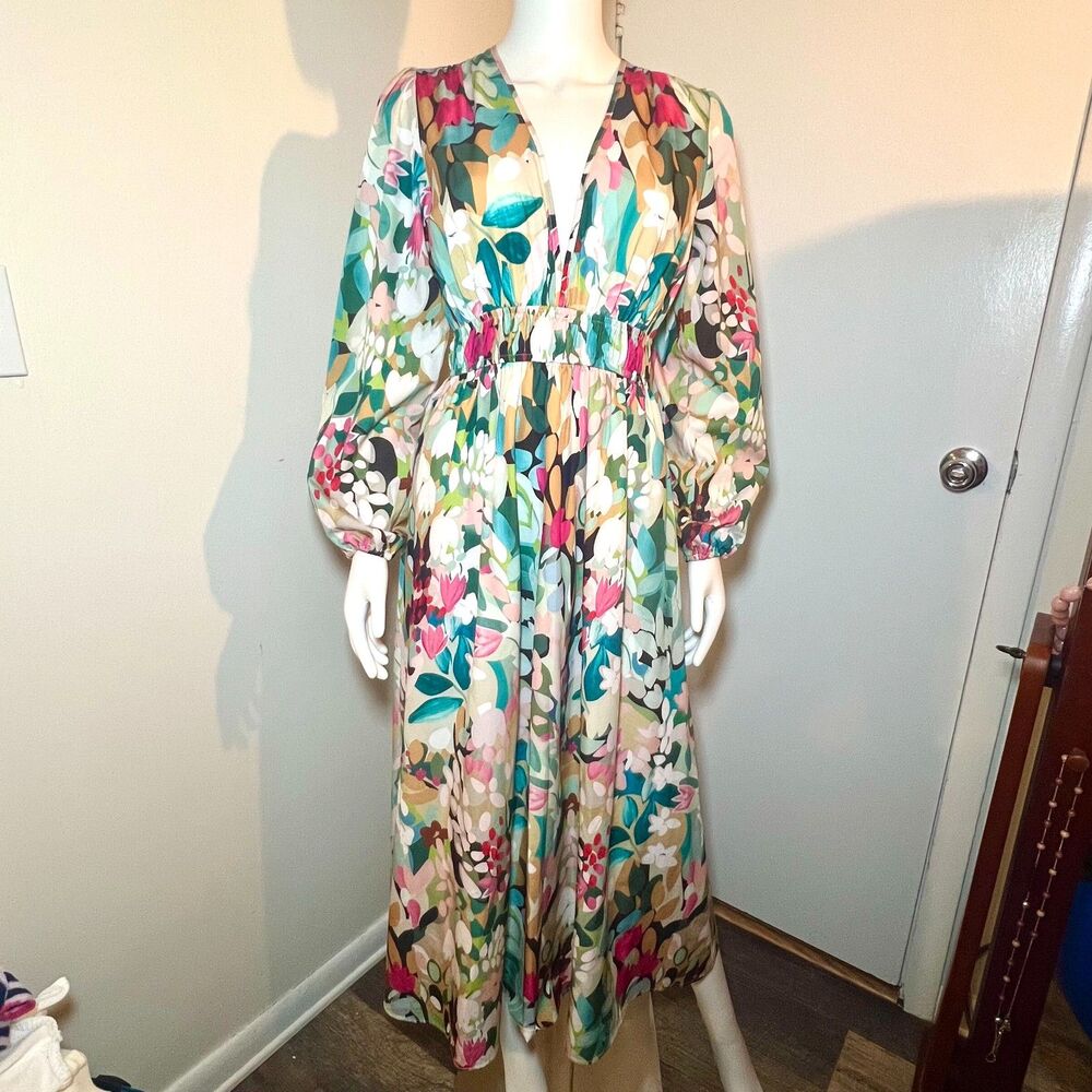 Retro Boho 70s Floral Maxi Dress S - Cottage Fairy Art To Wear Balloon Sleeves